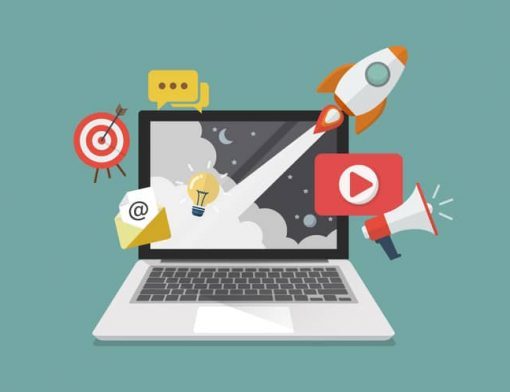 ilustração-computador com vários elementos de marketing