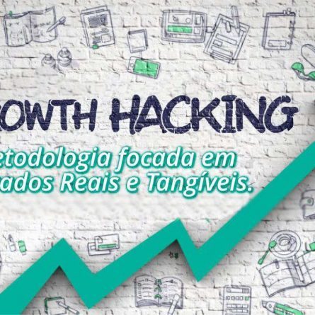 ilustração-fundo de desenhos de estratégia ilustrados, e na frente gráfico de crescente + texto escrito growth hacking a metodologia focada em resultados reais e tangíveis