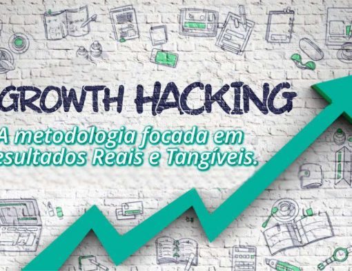 ilustração-fundo de desenhos de estratégia ilustrados, e na frente gráfico de crescente + texto escrito growth hacking a metodologia focada em resultados reais e tangíveis