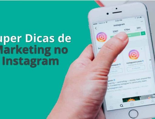 foto de mão segurando celular com tela principal do instagram, fundo verde com escrito super dicas de Marketing no Instagram