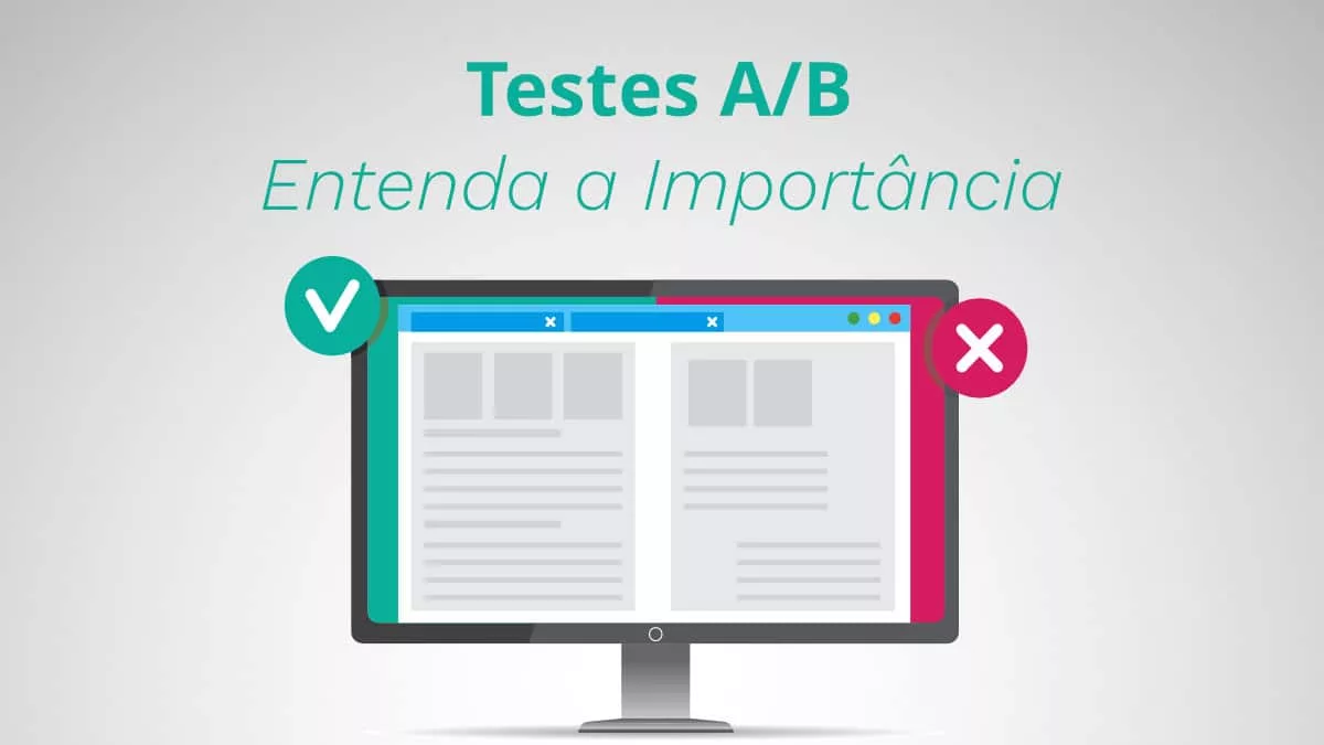 Ilustração Testes A/B, testes de uma variável, imagem com computador central à tela com ícones positivo ao lado esquerdo e negativo ao lado direito, simulando o teste a/b, em cima do computador escrito em verde: "Testes A/B" e subtítulo "Entenda a importância"