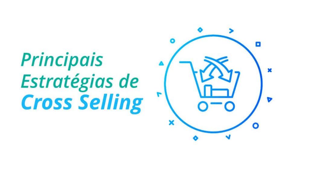 ilustração representando as estratégias de cross selling - carrinho de supermercado dento de um círculo com vários (pequenos) elementos em volta, nas cores azul e verde em forma de gradiente