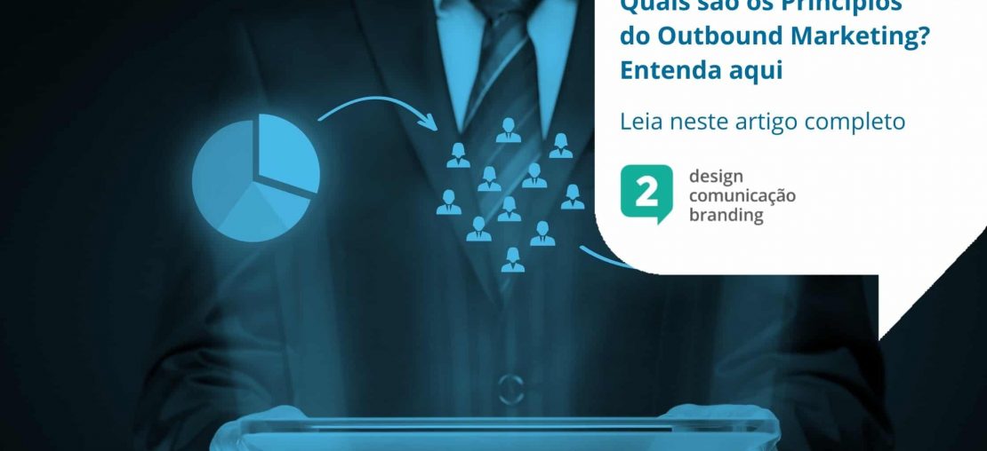 gráficos com seleção de público em forma de holografia em cima de um tablet, com uma pessoa de terno segurando o aparelho eletrônico,simulando o Outbound marketing